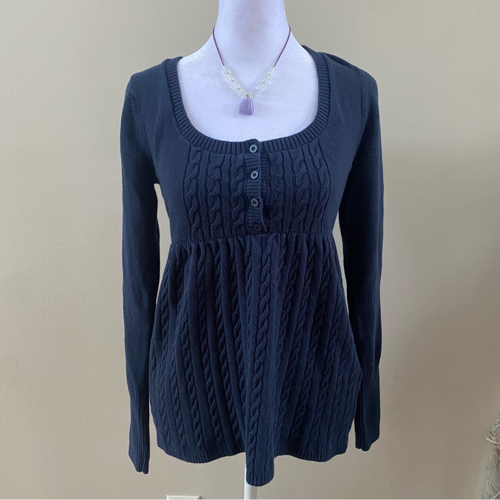 Hollister Navy Blue Cable Knit Babydoll Sweater with Button Detailing